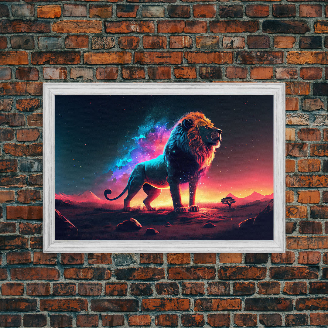 Cosmic roar watercolor, Lion staring at the stars over Africa, framed canvas print, unique vibrant wall art