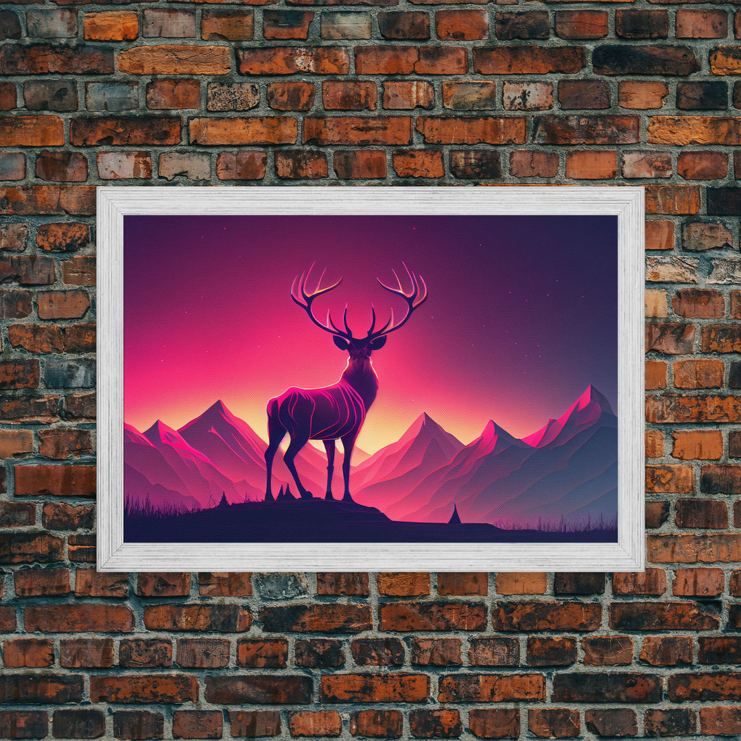 Beautiful stag and sunset, synthwave landscape art, framed canvas print, nature print, pastel and pink art