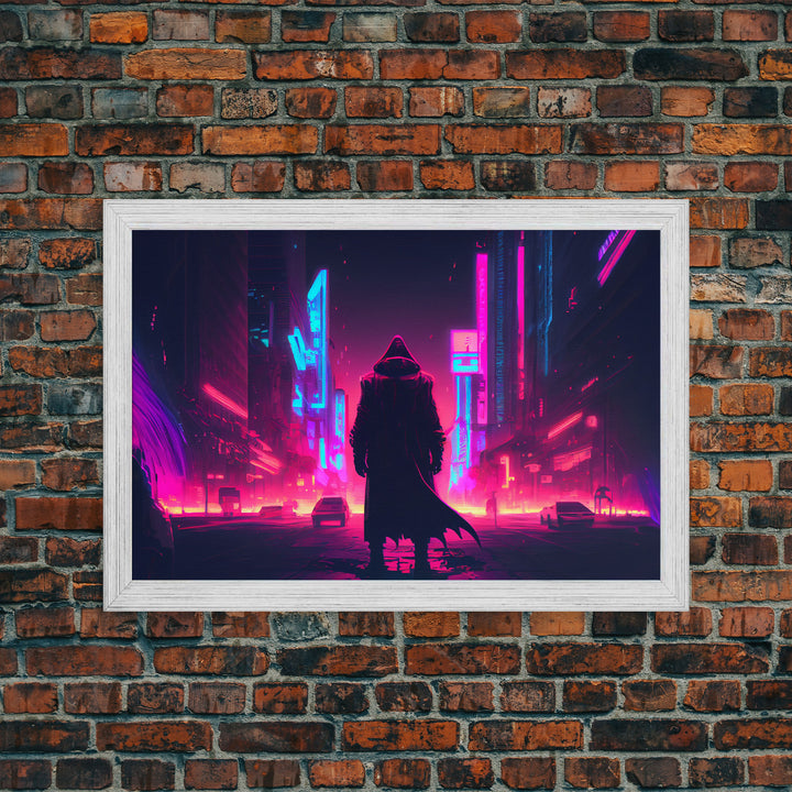 Cyberpunk City, Neon synthwave dystopian art, framed canvas print