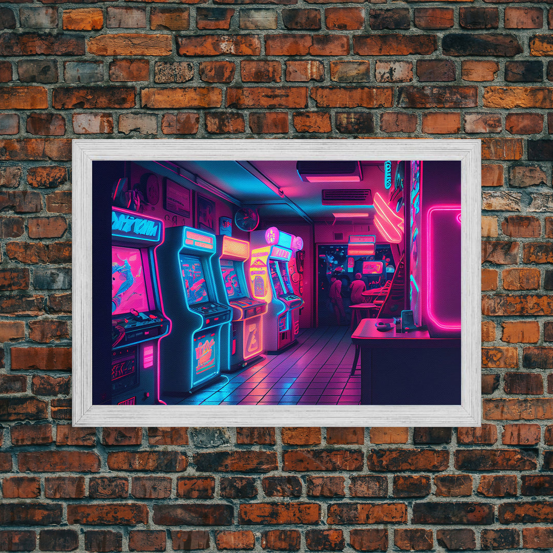 Neon Arcade, unique game room art, Retrowave arcade machine art, framed canvas print, framed wall art | Wall Art