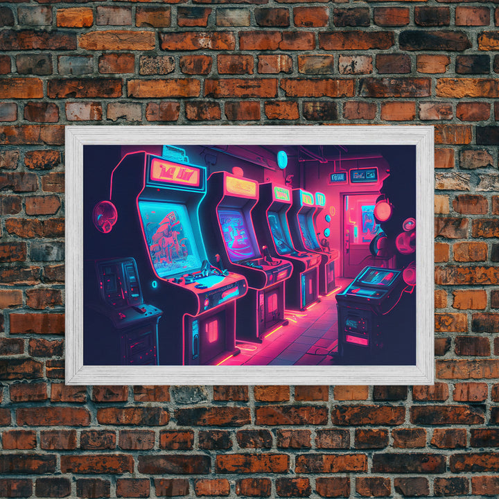 Synthwave Game Room Art, Neon retro 90s arcade room wall art, framed canvas print