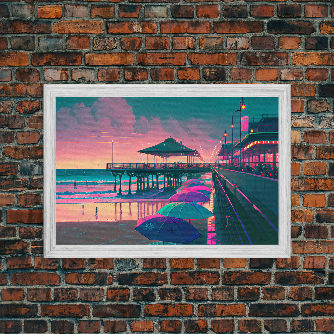 Neon Beach, cool beach house wall decor, synthwave pier and boardwalk, framed canvas print, framed wall art