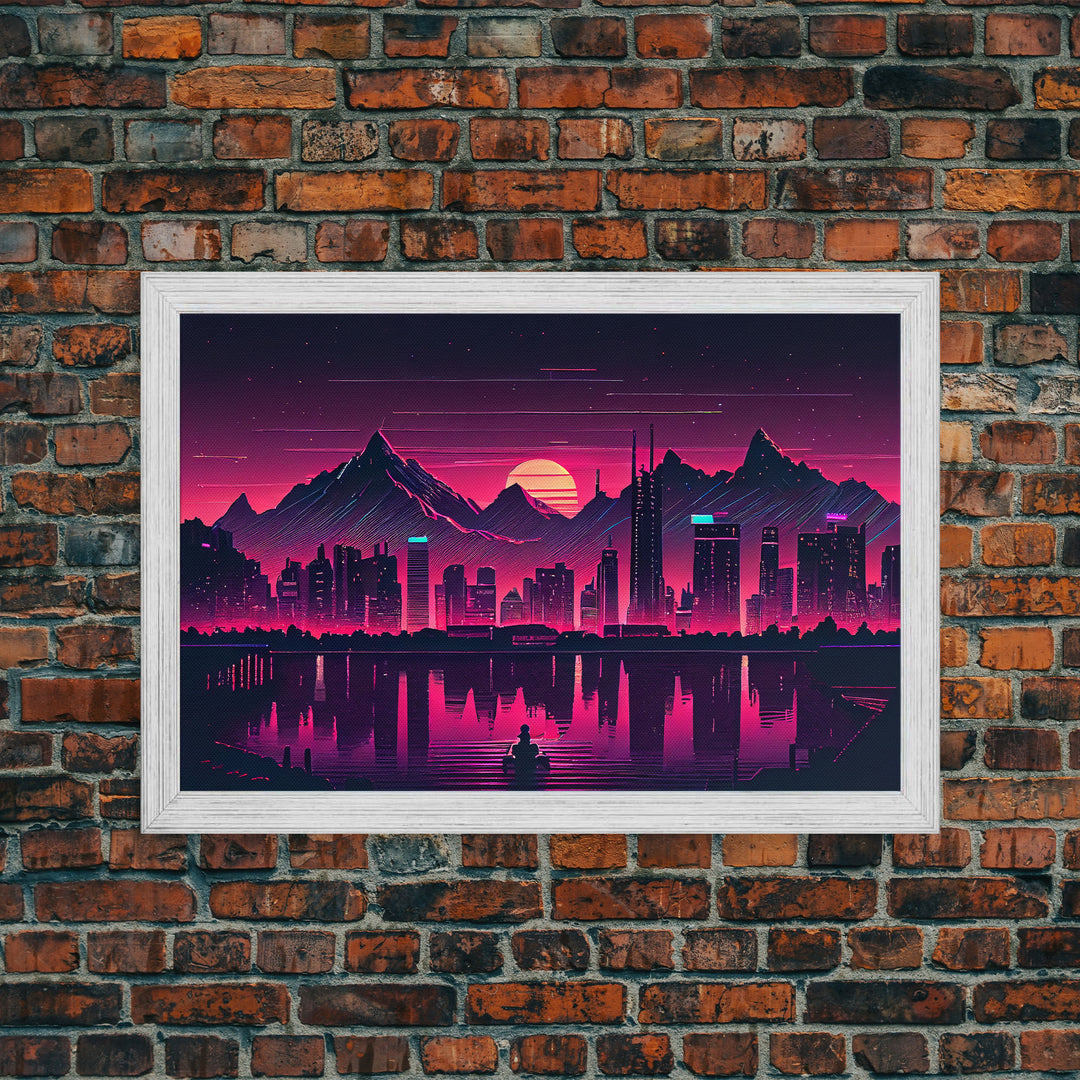 Cyberpunk Vancouver, Futuristic city skyline art, framed canvas print