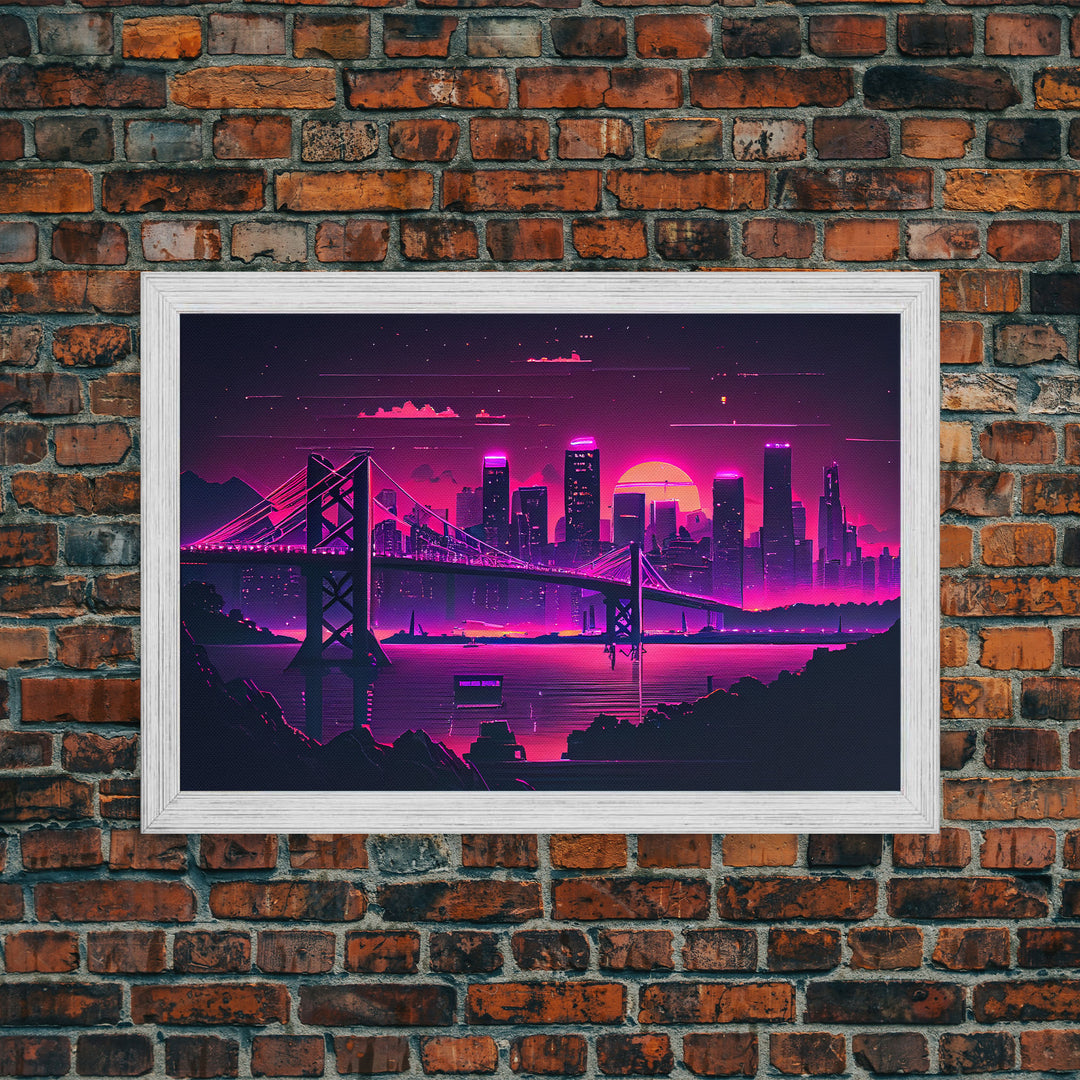 Cyberpunk San Francisco, Futuristic city skyline art, framed canvas print,  Synthwave / vaporwave cityscape decor