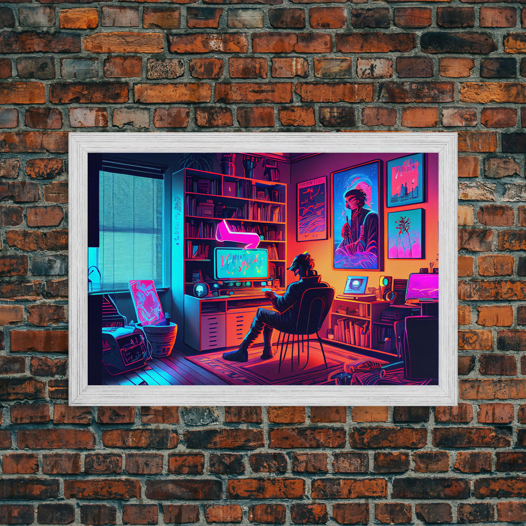 Jacked In - VR headset art, synthwave framed canvas print, cool office art