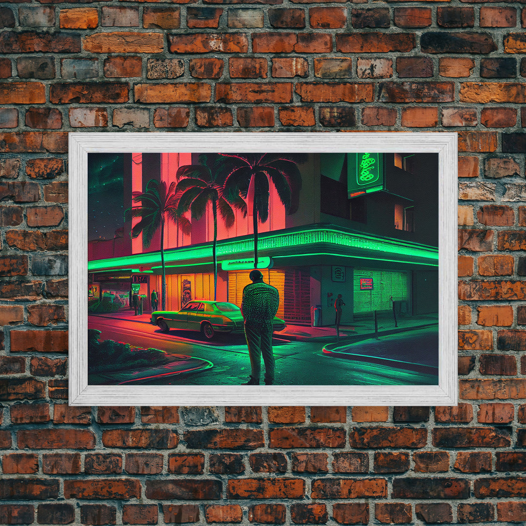 Miami Vice Retro Neon Lights Street Classic Car Wall Art Print, Wall Poster, Fine Art Print, Wall Decor