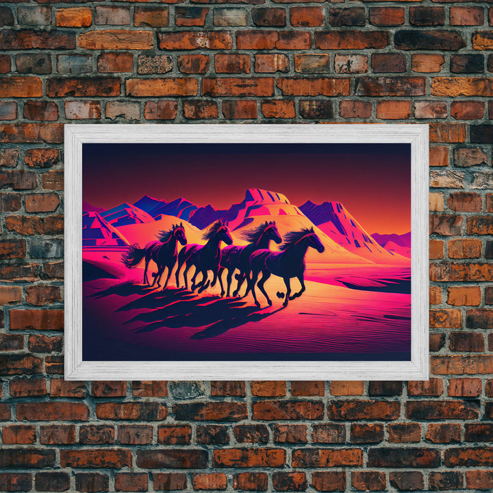 Wild Arabian Horses - Vibrant synthwave nature art, framed canvas print