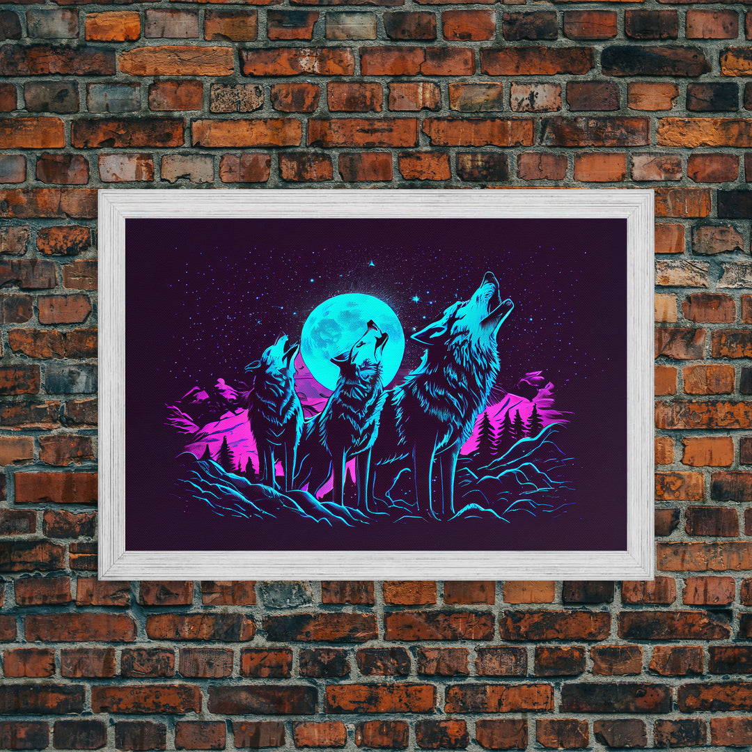 Howl at the moon - turquoise wolf pack howling at the moon, framed canvas print, vaporwave art