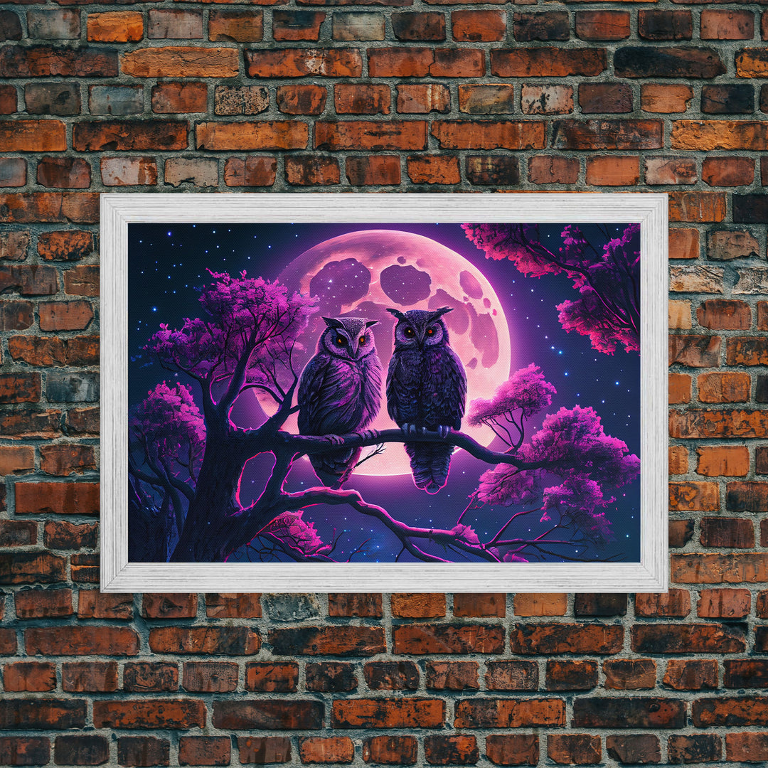 Owls at midnight, full moon and starry night sky, framed canvas print