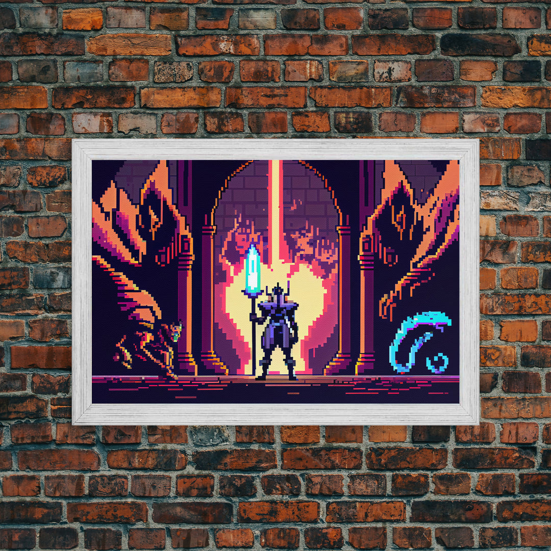 RPG pixel art, fantasy pixel art, Paladin Templar Art, synthwave style, framed canvas print, man cave art