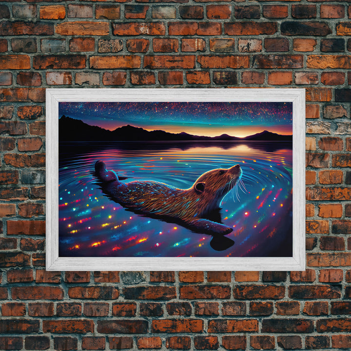 Cute beaver swimming at midnight, vaporwave aesthetic animal print art, starry night beaver, framed canvas print