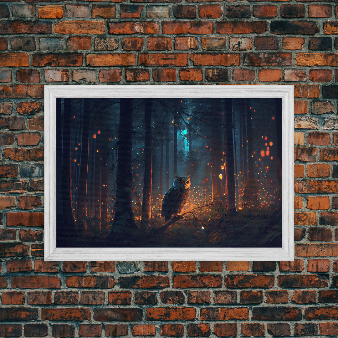 Fantasy forest art, Fireflies and the owl at midnight, framed canvas art, framed canvas print