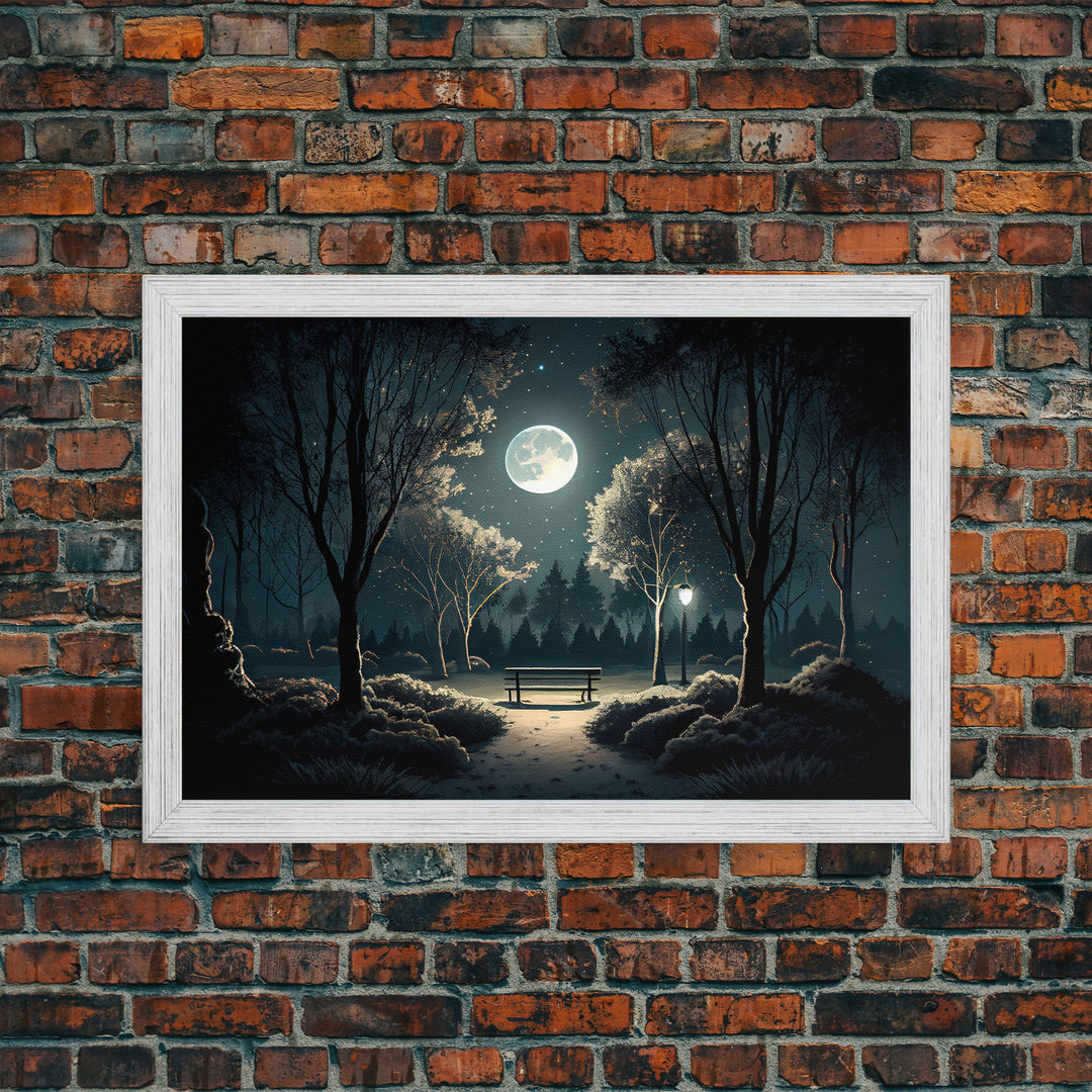 Snow covered park at midnight with a full moon, watercolor nature art, framed canvas print, framed wall art