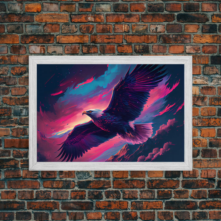 Bald eagle in flight, vaporwave aesthetic art, eagle against a pastel sunset sky, framed canvas art, framed print