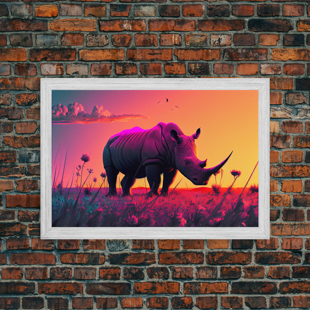 Rhino art, Pastel Rhinoceros at sunset, synthwave aniimal art, framed canvas art