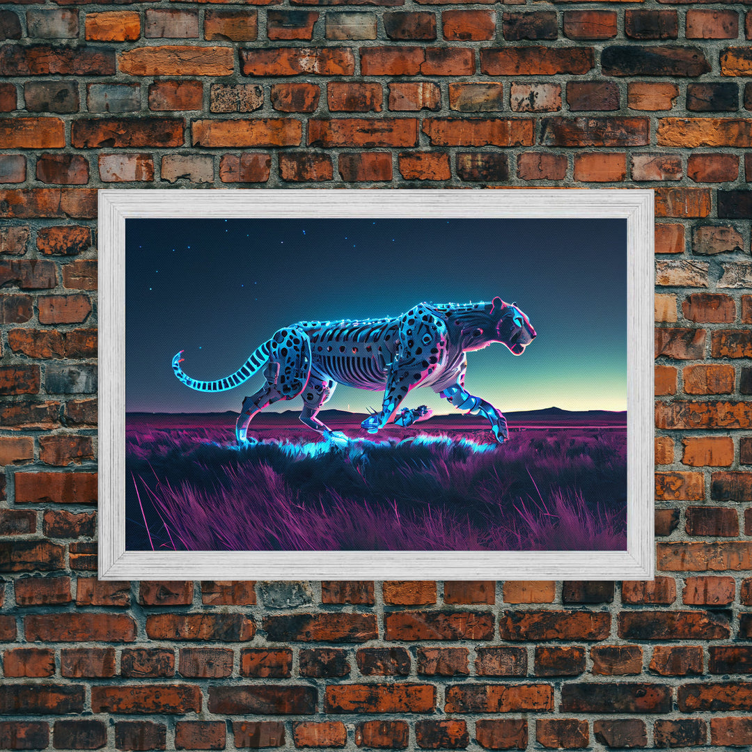 Robot Cheetah, Synthwave cyberpunk art, robot cheetah, framed canvas art, canvas print