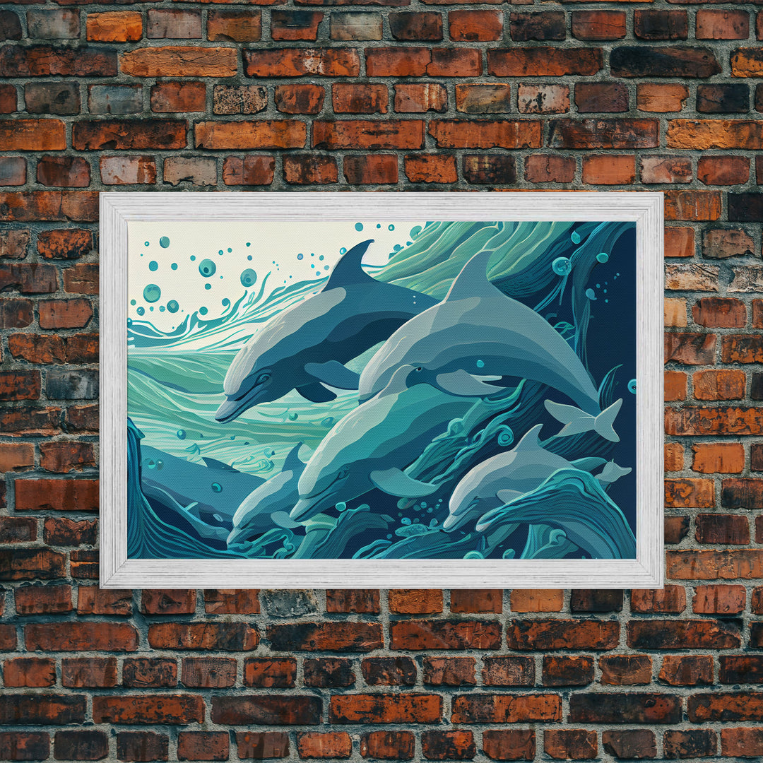 Dolphins in the Ocean, Turquoise dolphin art, framed canvas print, wall art with frame