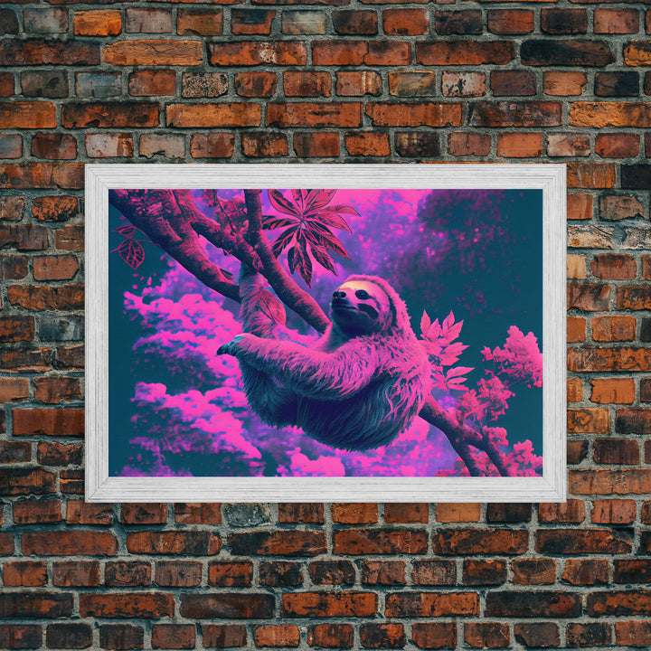 Sloth in a tree, synthwave retrowave animal print, framed canvas art