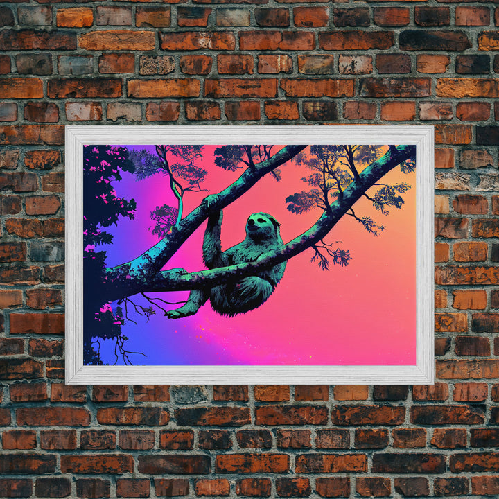 What a cool sloth man, vaporwave sloth art, framed canvas print, wall art with frame and a cool lookin' sloth