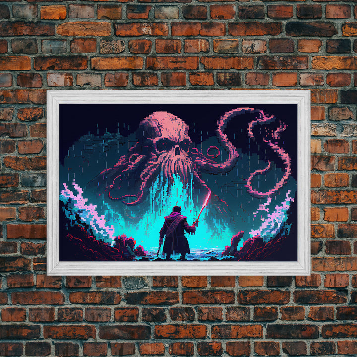 Warrior Vs Cthulhu, RPG concept pixel art, framed canvas print, outrun video game art