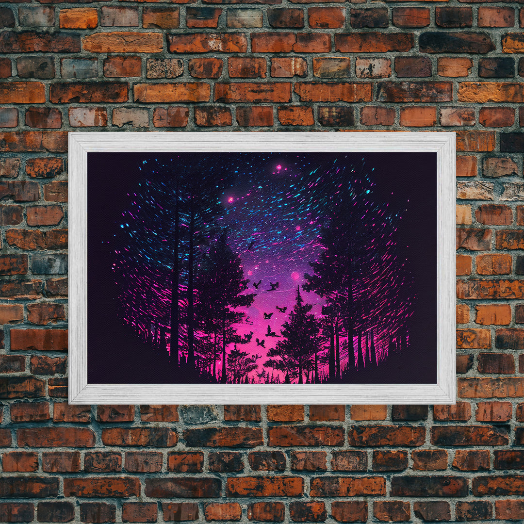 Synthwave Starry Night Time Lapse in a pine tree forest, framed canvas print, timelapse art