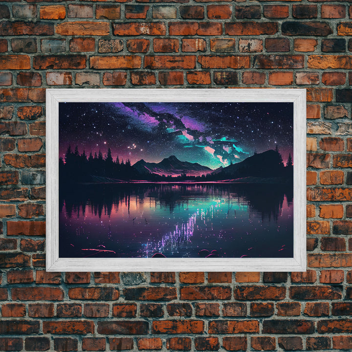 Vaporwave starry night over an Alaskan lake, Aurora borealis, framed canvas print, pastel nature art