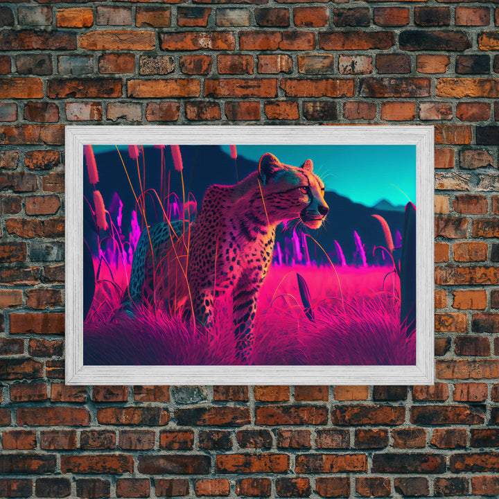 Cheetah on the hunt, vaporwave art, sunset hunter, framed canvas print, framed wall art