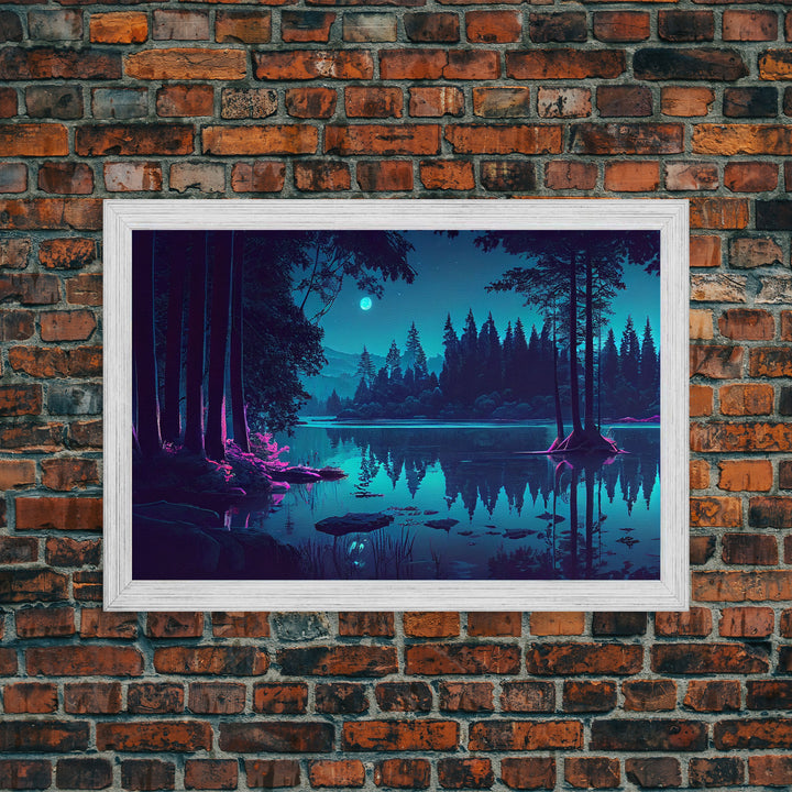 Vaporwave Full moon over the lake at midnight, framed canvas print, subdued art, watercolor painting print