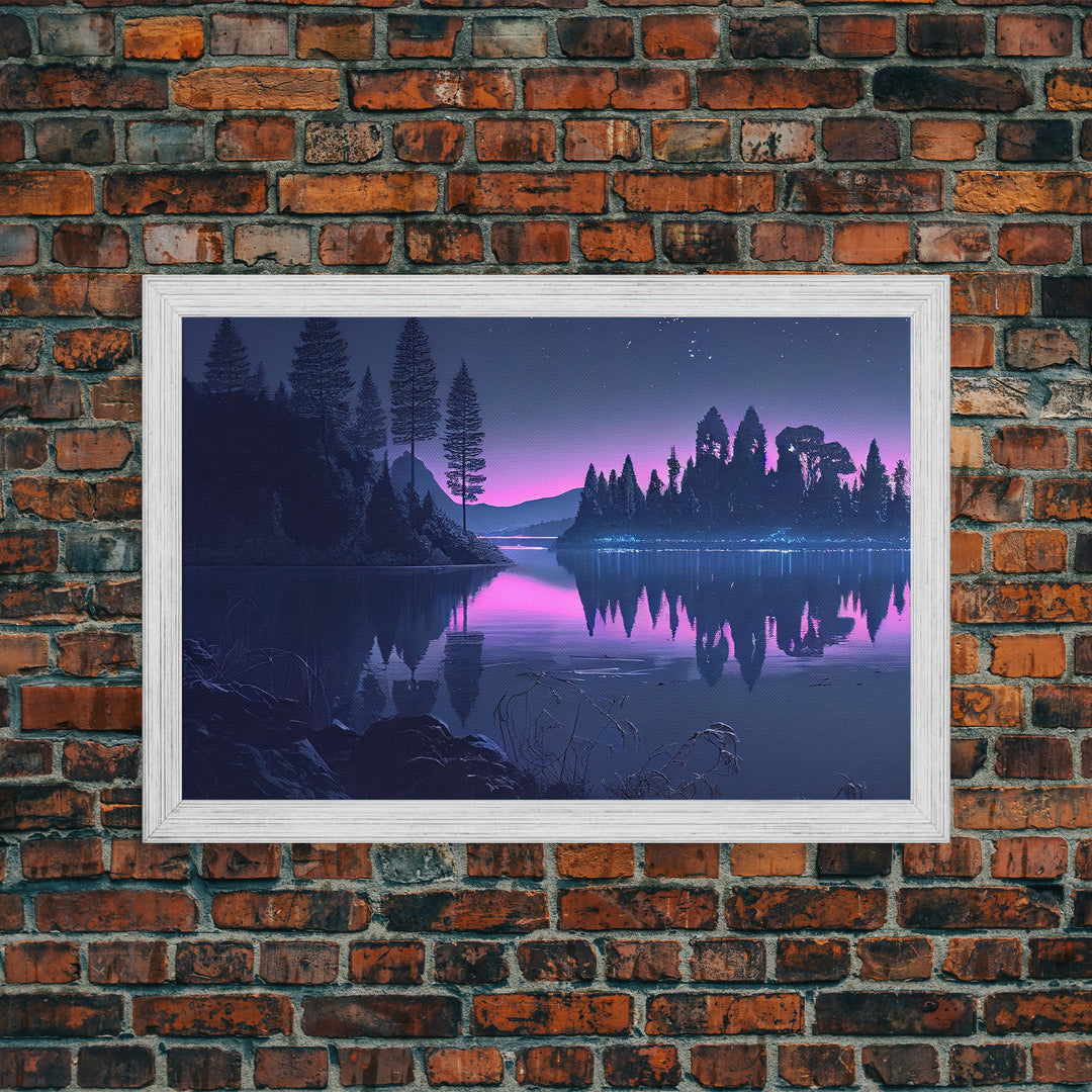 Reflections on the lake at midnight, framed canvas print, vaporwave aesthetic, purple sky