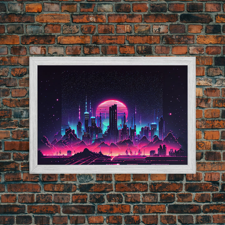 Vaporwave Cityscape Night Full Moon Purple Wall Poster, Fine Art Print, Wall Decor, Wall Art Print