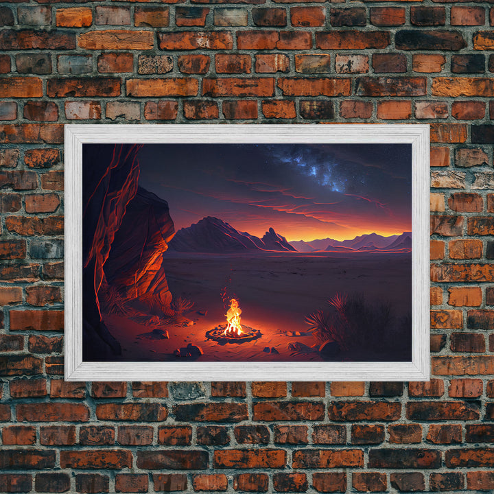 Watercolor of a prehistoric campfire, primitive art, framed canvas print