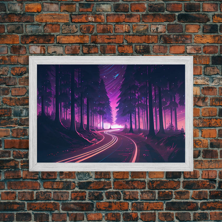 Northern Lights Purple Landscape Trees Road Swirling Stars Fine Art Print, Wall Decor, Wall Poster, Wall Art Print