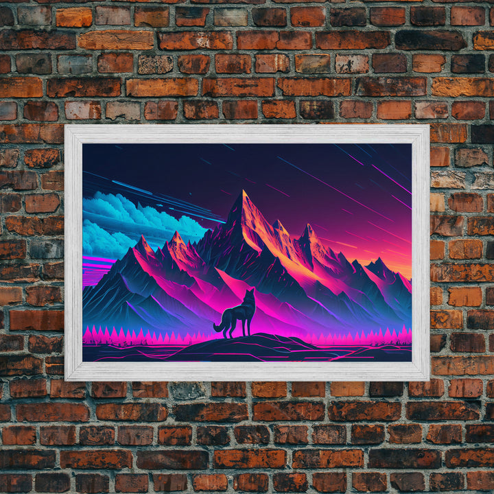 Retro style art, wolf looking on the mountains, framed canvas print, pastel art