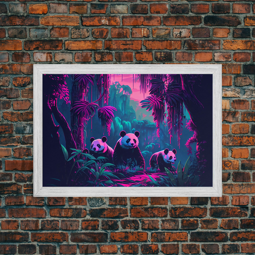 Cute pandas, jungle, framed canvas print, framed wall art, synthwave animal art