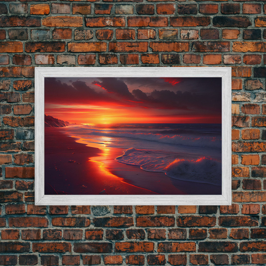 High tide slowly rolling in at sunset, beautiful beach art, framed canvas print