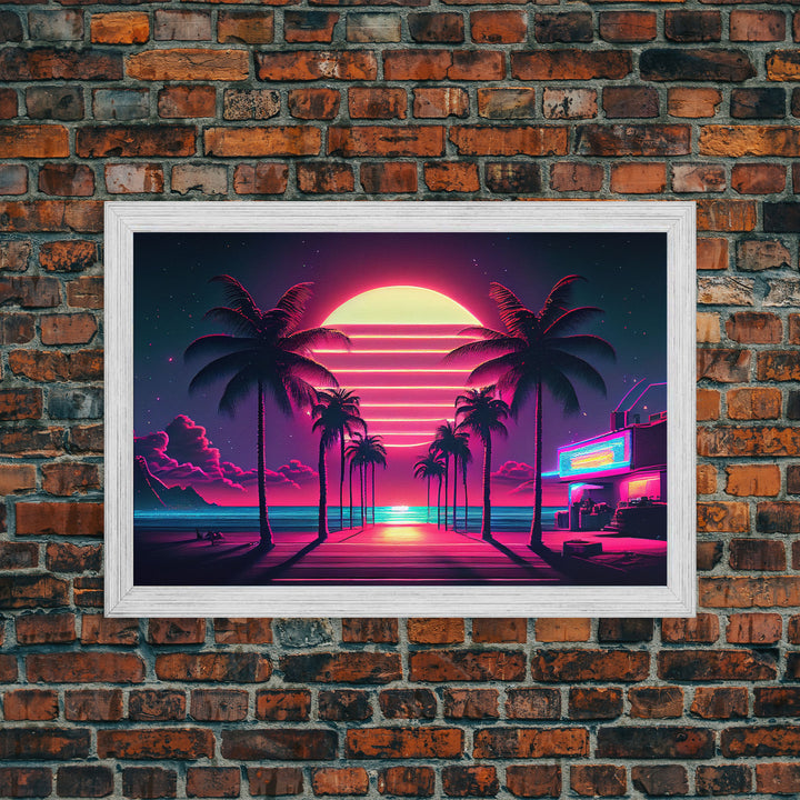 The Neon Boardwalk, Florida Synthwave Sunset, framed canvas print, retro style Miami vibes art