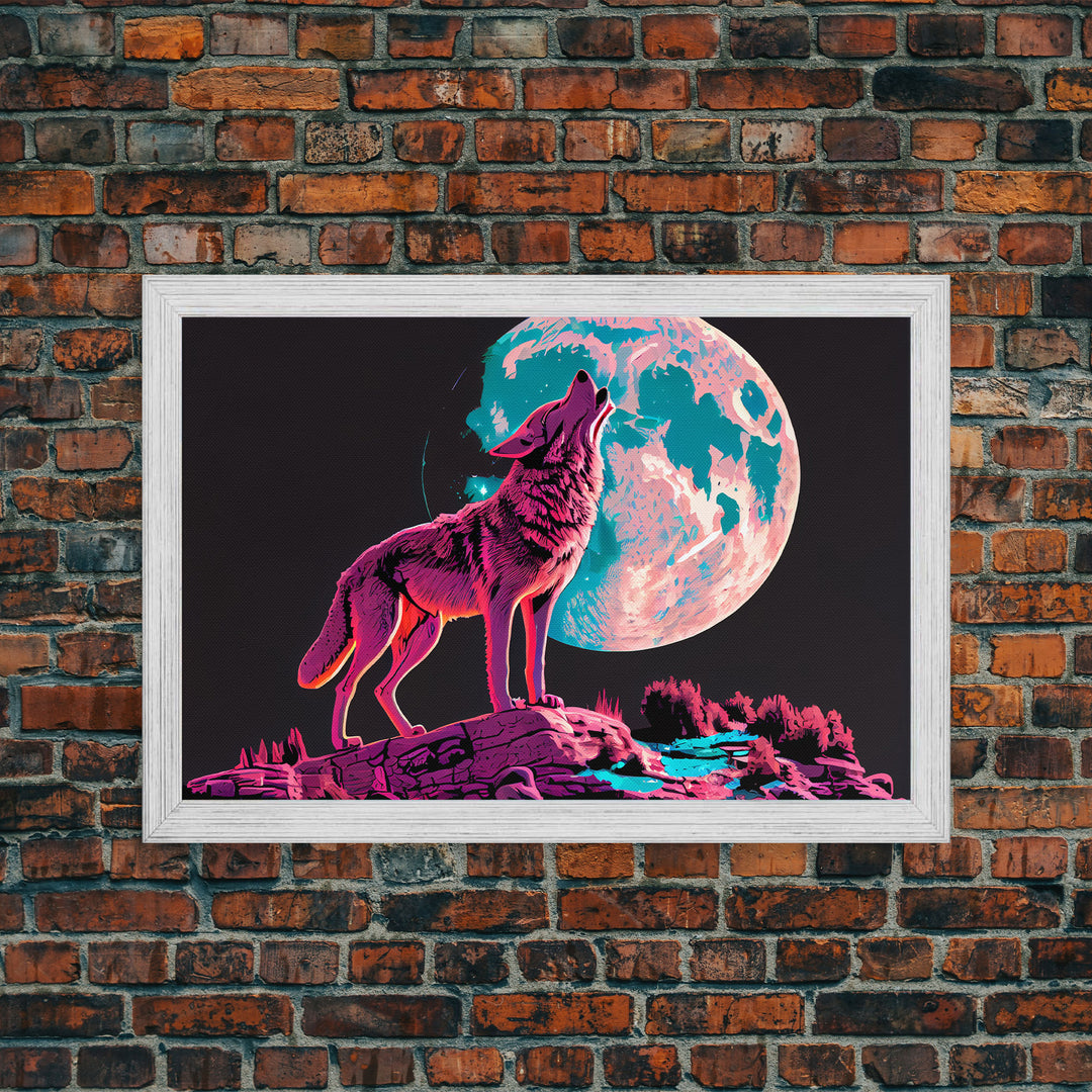 Howl at the moon, wolf art, framed canvas print, synthwave / vaporwave art