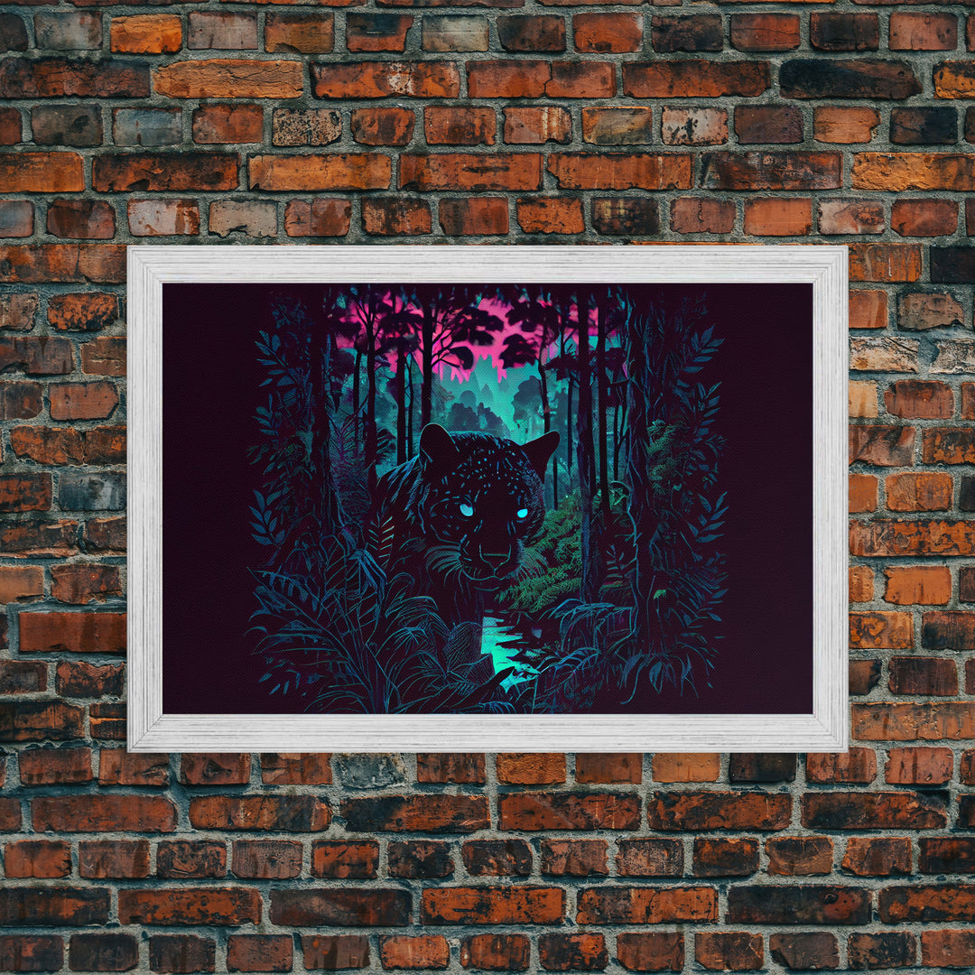 Panther in the jungle, framed canvas print, synthwave / vaporwave art