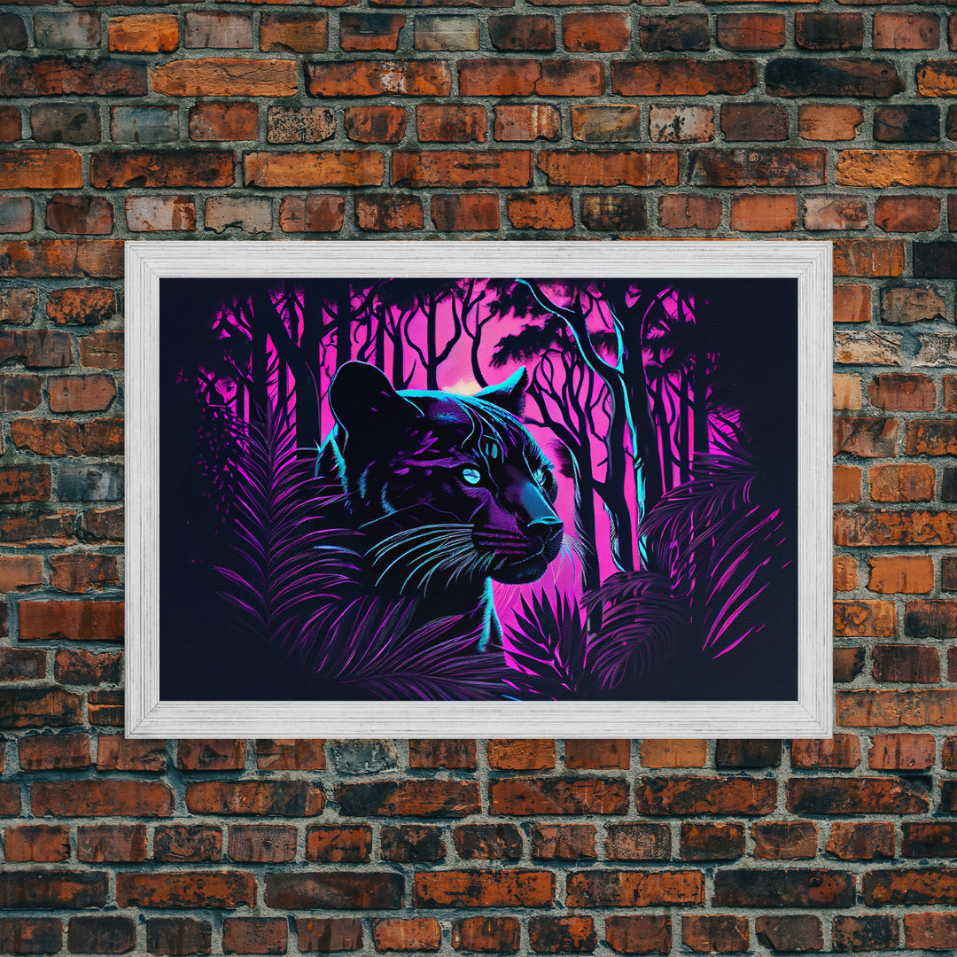 Vaporwave art,  framed canvas print, Jungle Panther synthwave portrait