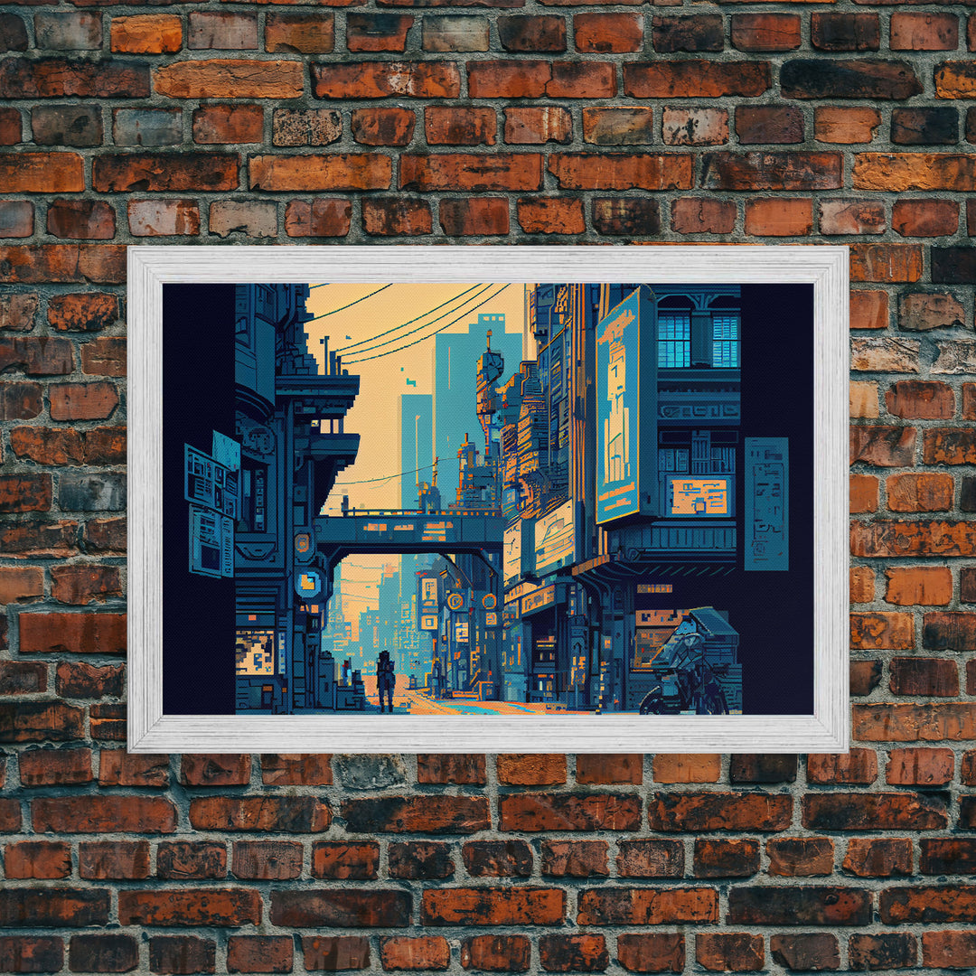 8 bit pixel art cyber punk city, video game concept art, framed canvas print, game room art