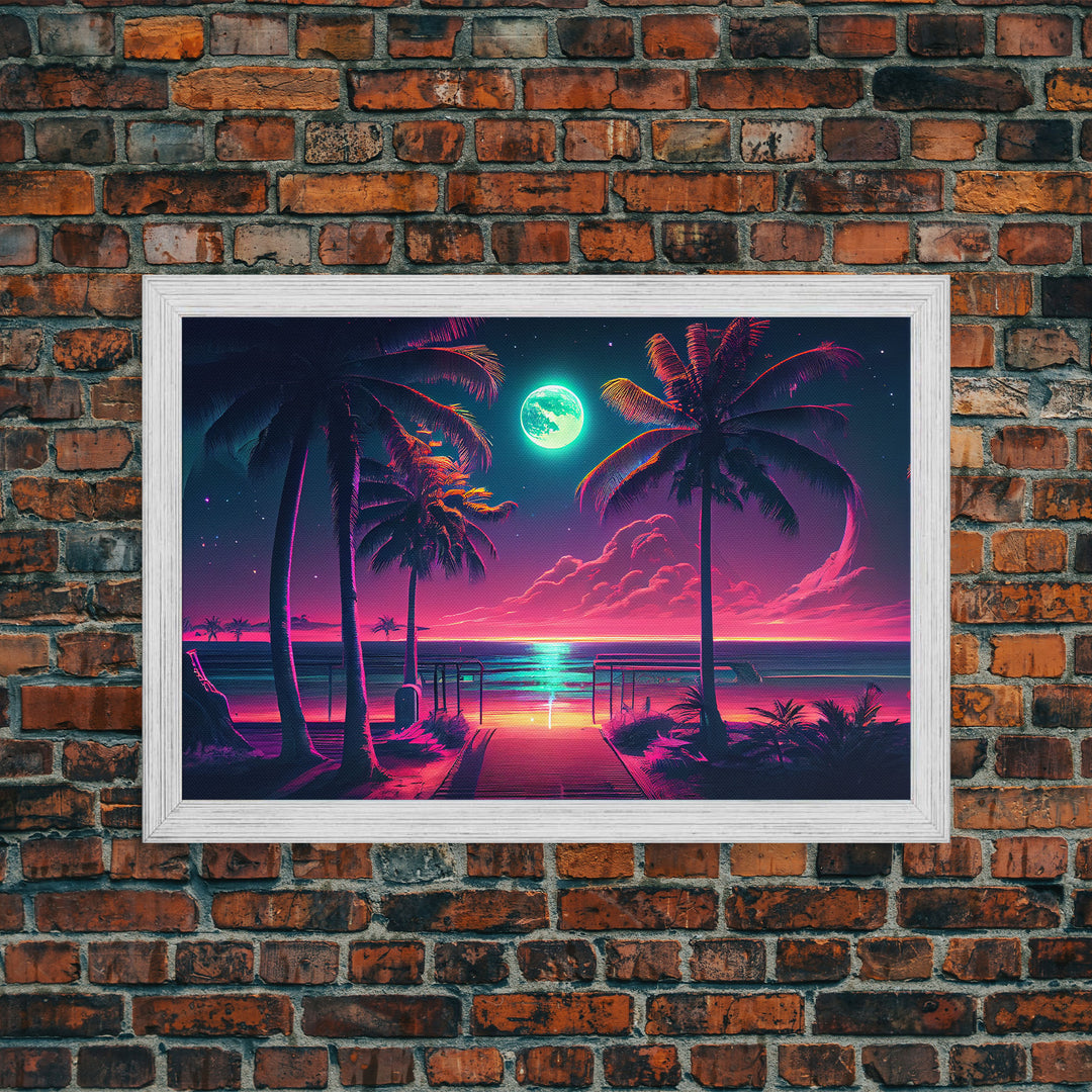 Outrun style full moon lit beach, framed canvas print, synthwave palm tree & beach art