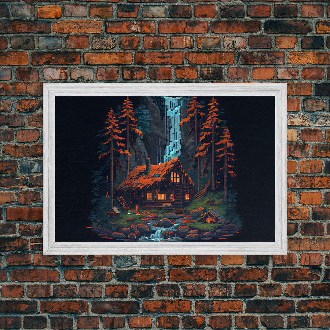 Secluded log cabin in the woods with a waterfall behind it, 8 bit pixel art, framed canvas print