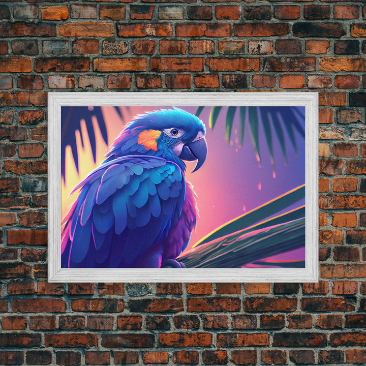 Tropical Blue Parrot, Framed canvas print, beautiful wall art for vacation home, birds of paradise