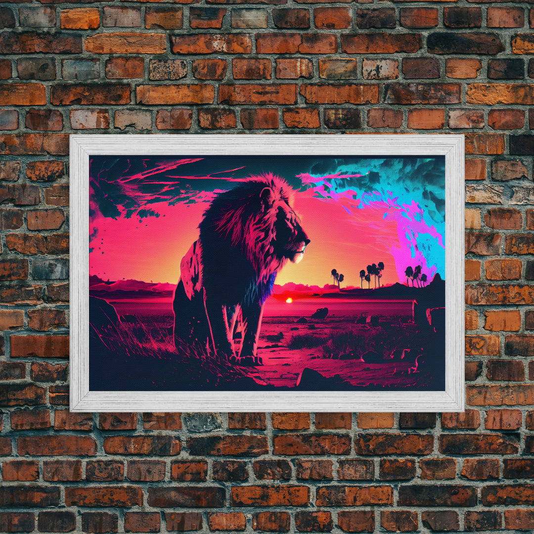 Synthwave style watercolor painting of an African lion, framed canvas print, colorful living room wall art