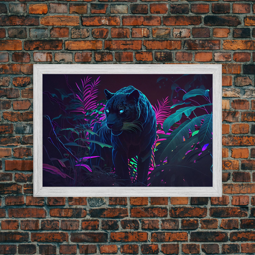 Black panther on the hunt in the jungle, glowing blue eyes, synth wave aesthetic art, framed canvas print