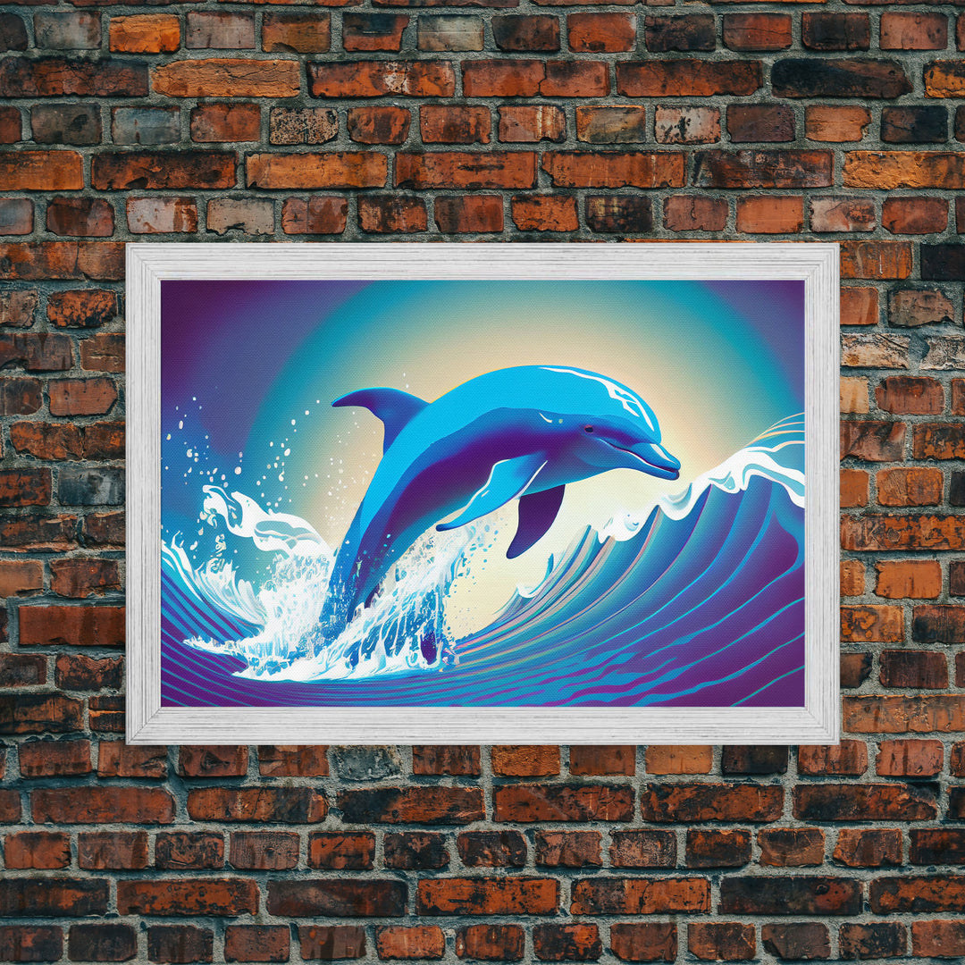 Dolphin riding a wave, cute animal prints, vaporwave animal art, framed canvas print