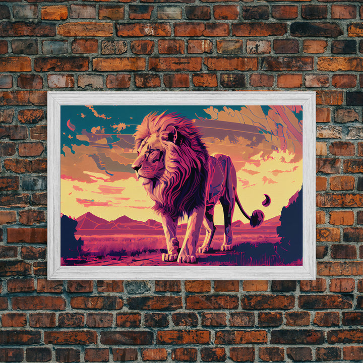 Retrowave watercolor painting of an African Lion, framed canvas print, unique large format wall art