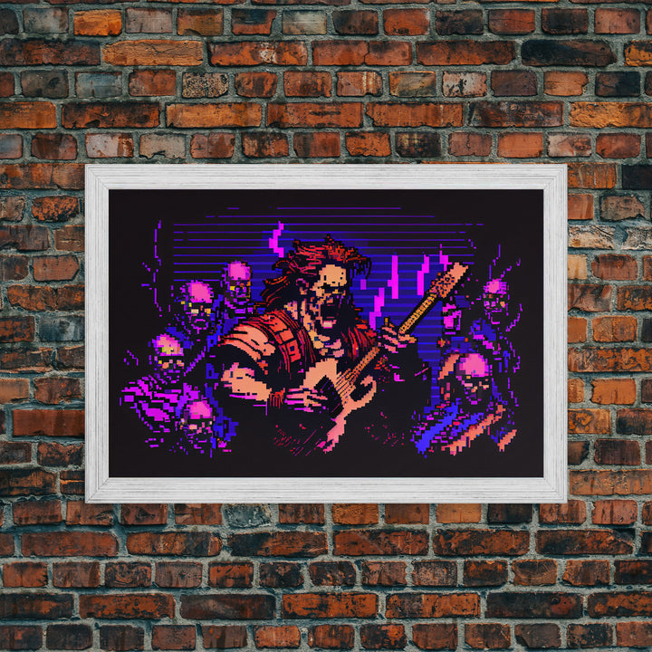 Human bard pixel art, vaporwave RPG concept art, framed canvas print, synthwave tabletop art