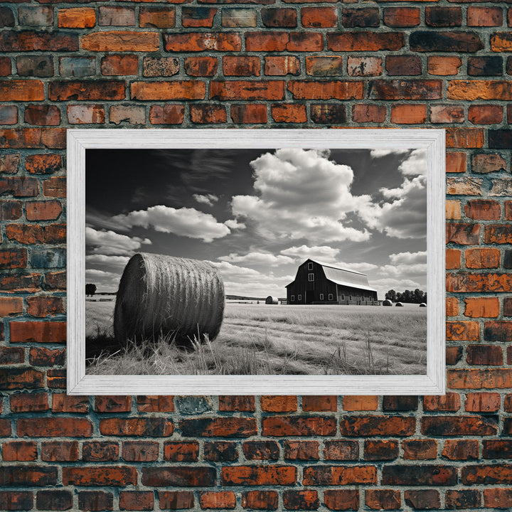 Black and White Photo Of a Barn and Hay Bail, Liminal Art, Country Decor, Farmhouse Style Art, Canvas Print