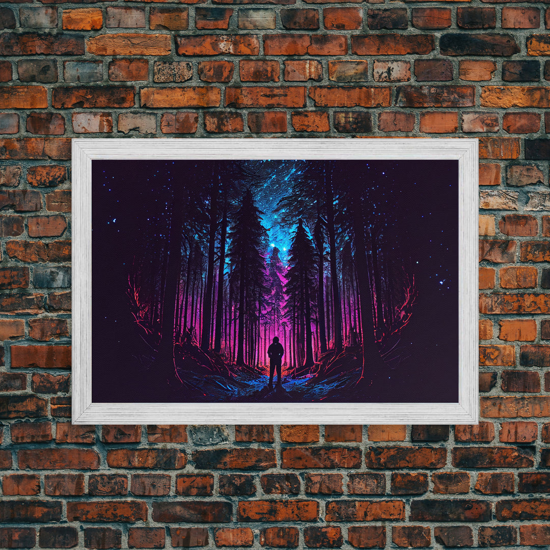 Contemplating the stars, vaporwave aesthetic, forest art, starry night, framed canvas print, outrun art